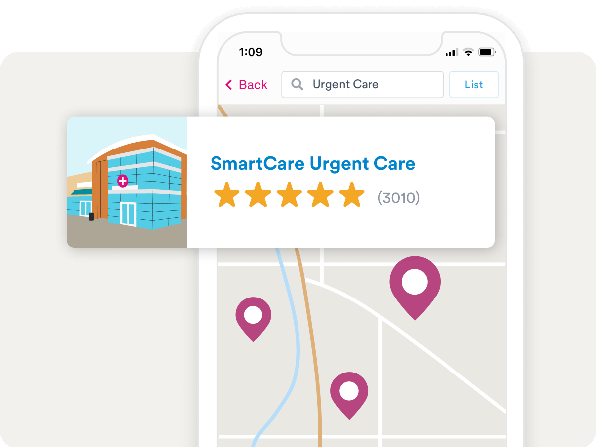 Solv app showing map of nearby urgent cares